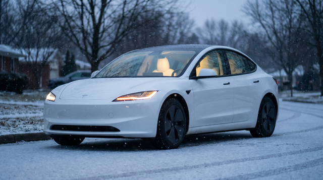 Tesla Model 3 in light snowfall on a residential street, pearl white, editorial winter hero