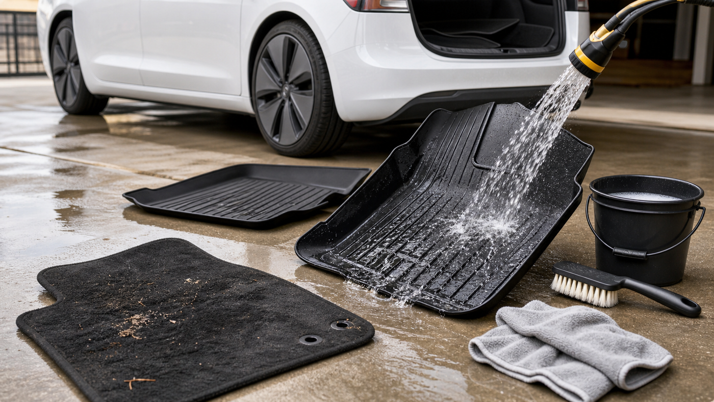How to Clean Tesla Model 3 Floor Mats: TPE, Carpet, and What Actually Ruins Them